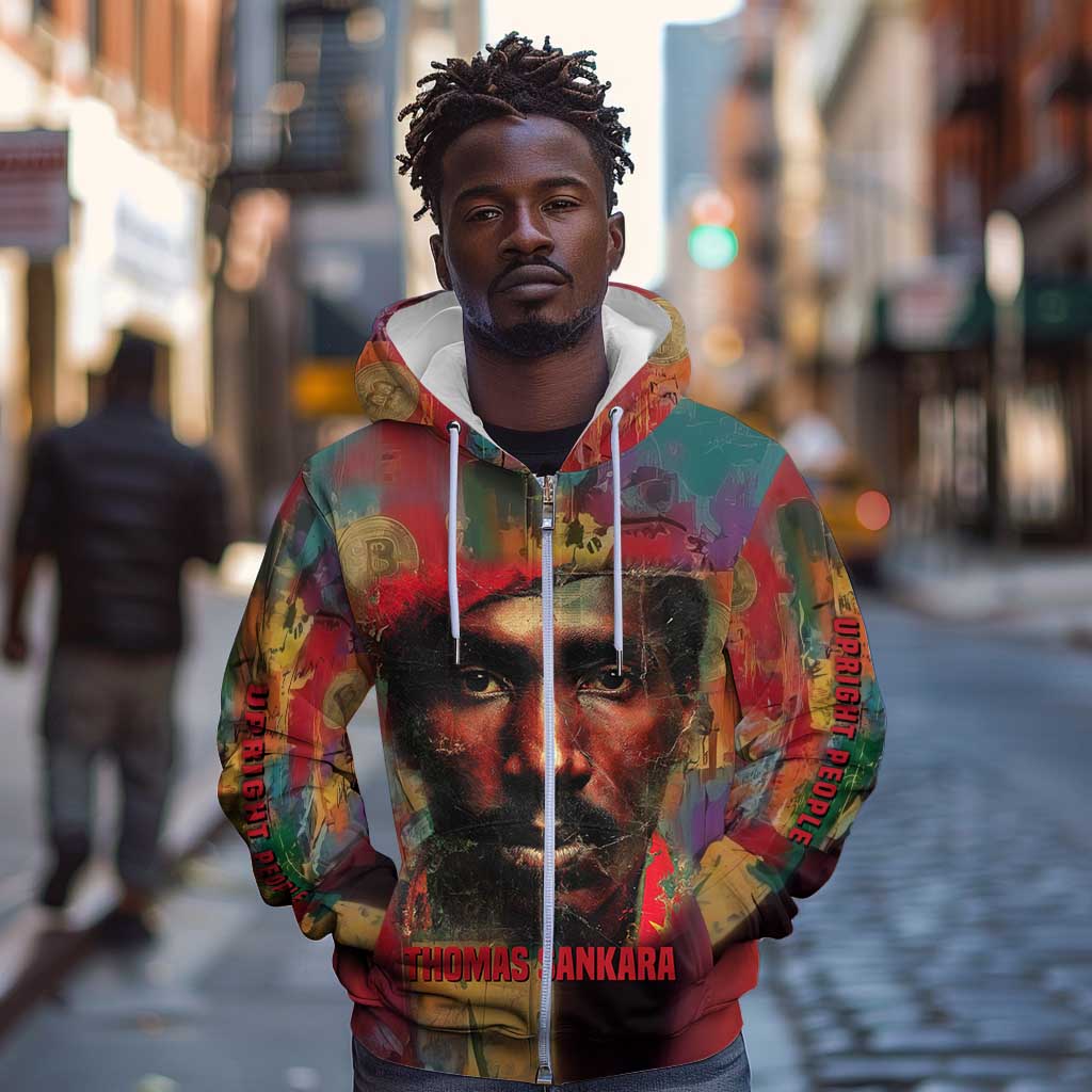 Thomas Sankara Burkina Faso Zip Hoodie with Bold Portrait and The Upright Man Tribute Design - Wonder Print Shop