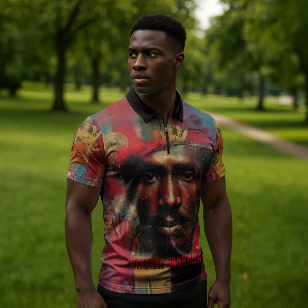 Thomas Sankara Burkina Faso Zipper Polo Shirt with Bold Portrait and The Upright Man Tribute Design - Wonder Print Shop