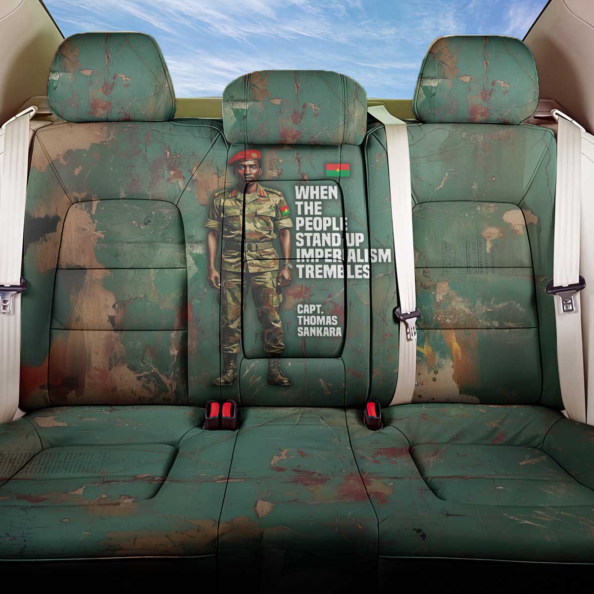 Burkina Faso Thomas Sankara Back Car Seat Cover with Military Stance and Anti-Imperialist Quote Tribute Design - Wonder Print Shop