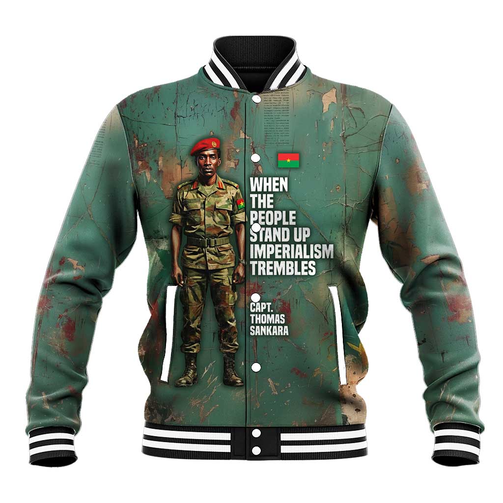 Burkina Faso Thomas Sankara Baseball Jacket with Military Stance and Anti-Imperialist Quote Tribute Design - Wonder Print Shop