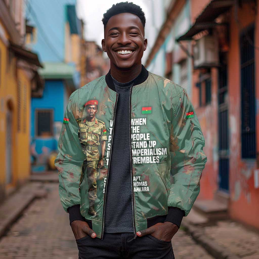 Burkina Faso Thomas Sankara Bomber Jacket with Military Stance and Anti-Imperialist Quote Tribute Design - Wonder Print Shop