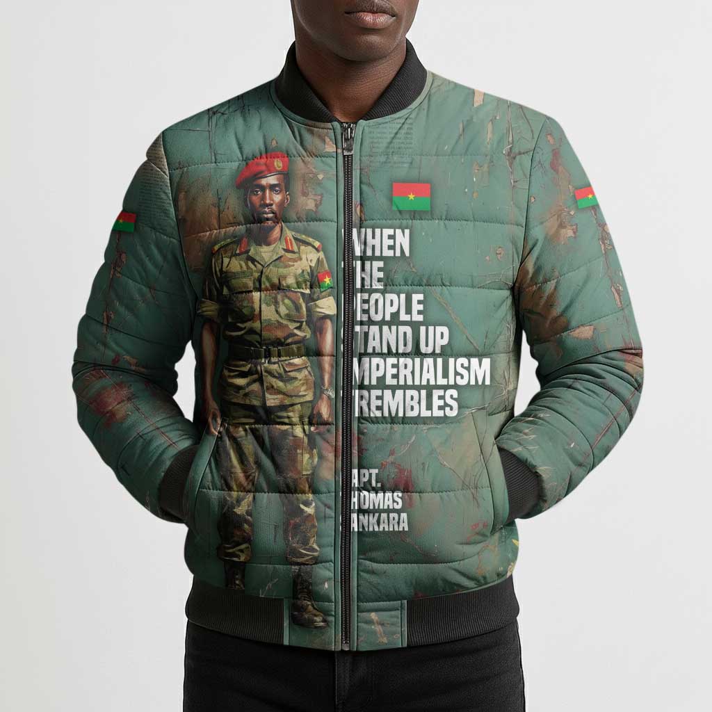 Burkina Faso Thomas Sankara Bomber Puffer Jacket with Military Stance and Anti-Imperialist Quote Tribute Design - Wonder Print Shop