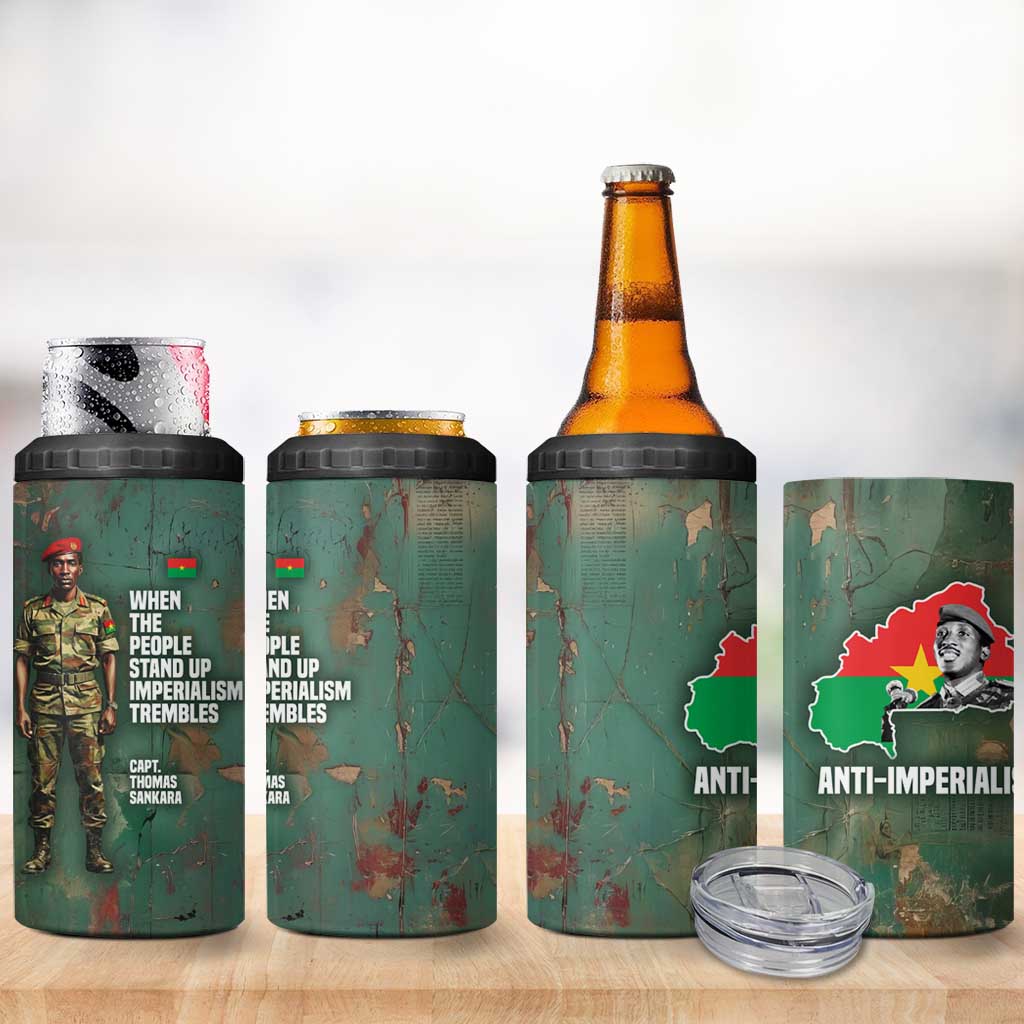 Burkina Faso Thomas Sankara 4 in 1 Can Cooler Tumbler with Military Stance and Anti-Imperialist Quote Tribute Design - Wonder Print Shop