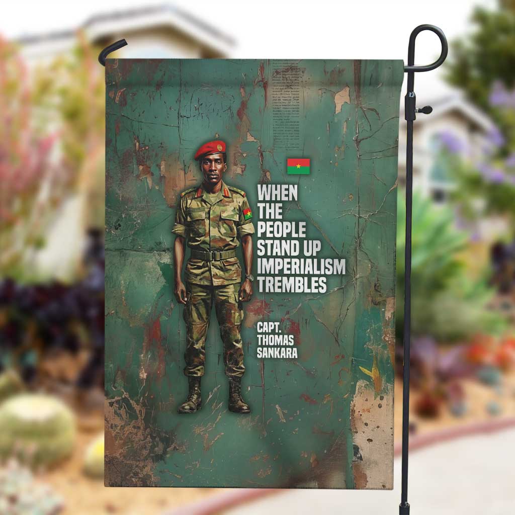 Burkina Faso Thomas Sankara Garden Flag with Military Stance and Anti-Imperialist Quote Tribute Design - Wonder Print Shop