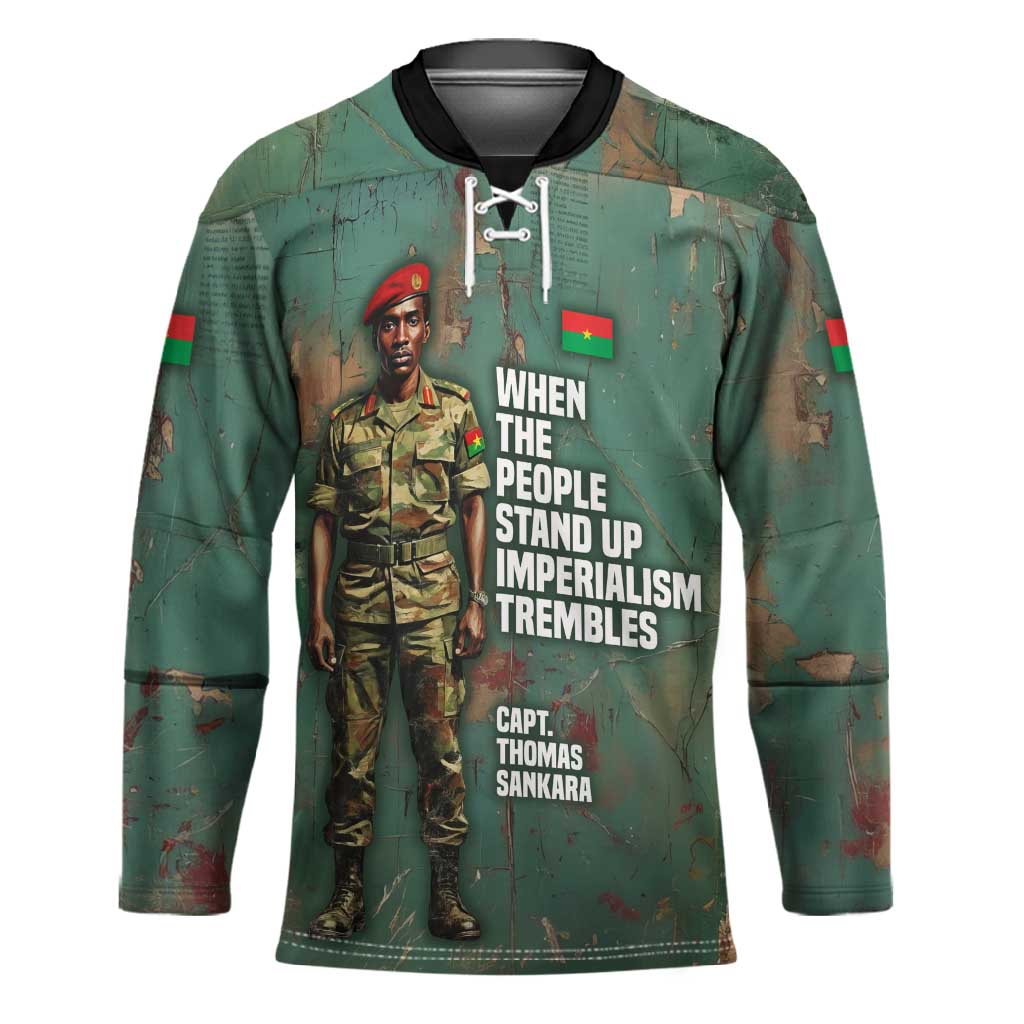 Burkina Faso Thomas Sankara Hockey Jersey with Military Stance and Anti-Imperialist Quote Tribute Design - Wonder Print Shop