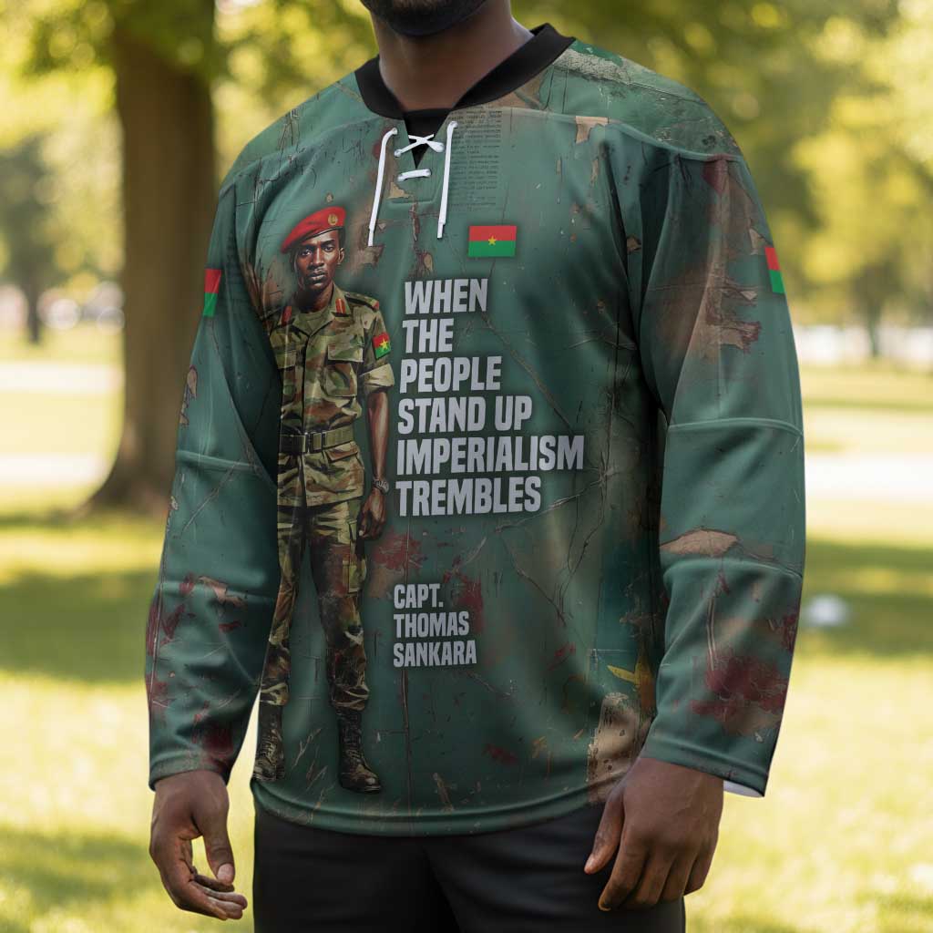 Burkina Faso Thomas Sankara Hockey Jersey with Military Stance and Anti-Imperialist Quote Tribute Design - Wonder Print Shop