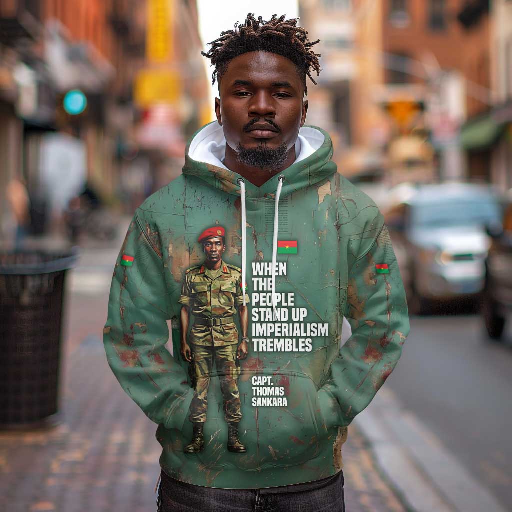 Burkina Faso Thomas Sankara Hoodie with Military Stance and Anti-Imperialist Quote Tribute Design - Wonder Print Shop