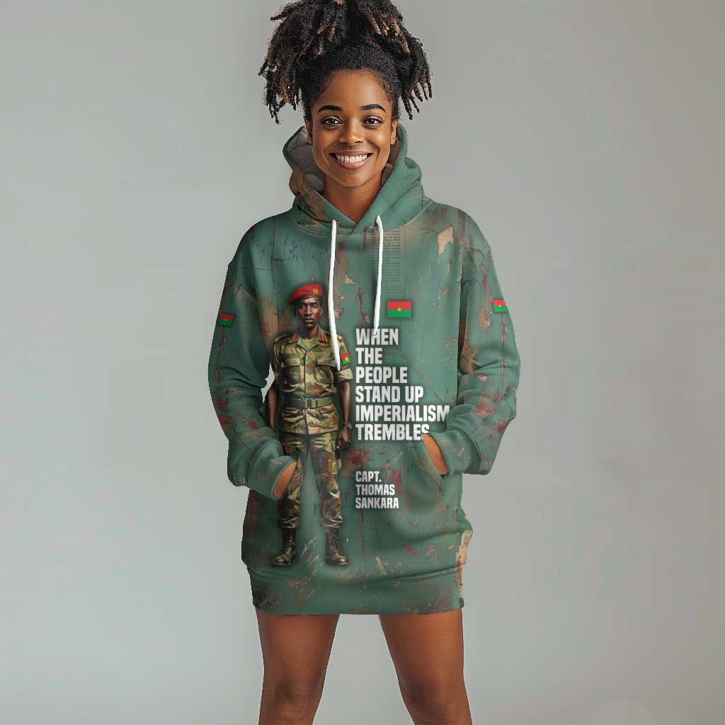 Burkina Faso Thomas Sankara Hoodie Dress with Military Stance and Anti-Imperialist Quote Tribute Design - Wonder Print Shop