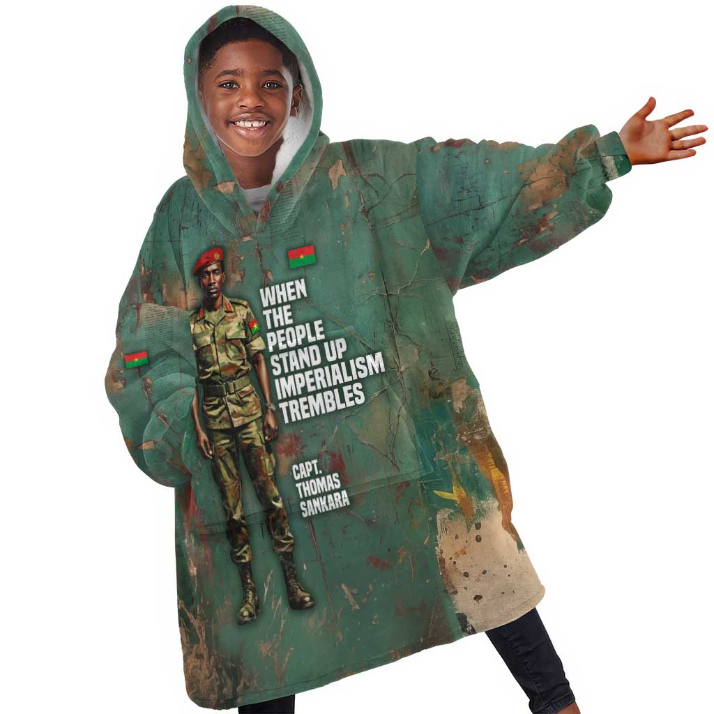Burkina Faso Thomas Sankara Kid Wearable Blanket Hoodie with Military Stance and Anti-Imperialist Quote Tribute Design - Wonder Print Shop