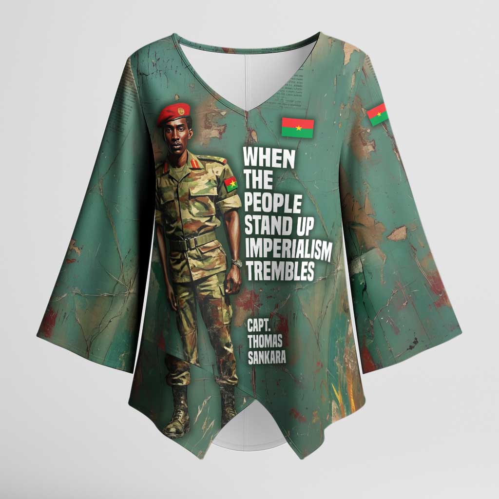Burkina Faso Thomas Sankara Kimono Sleeve Blouse with Military Stance and Anti-Imperialist Quote Tribute Design - Wonder Print Shop