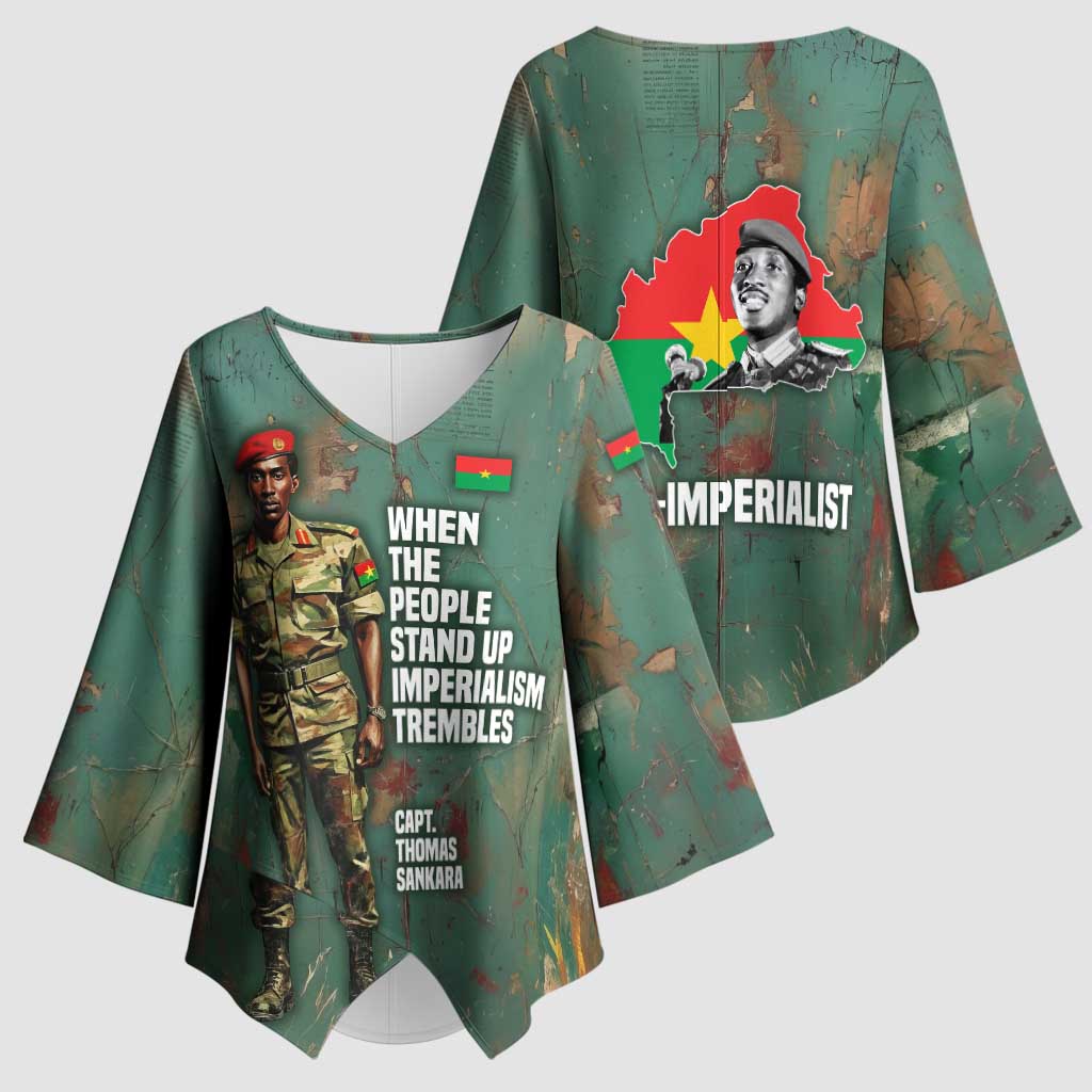 Burkina Faso Thomas Sankara Kimono Sleeve Blouse with Military Stance and Anti-Imperialist Quote Tribute Design - Wonder Print Shop