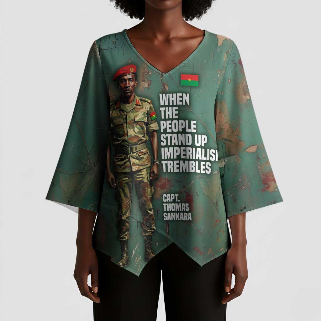 Burkina Faso Thomas Sankara Kimono Sleeve Blouse with Military Stance and Anti-Imperialist Quote Tribute Design - Wonder Print Shop