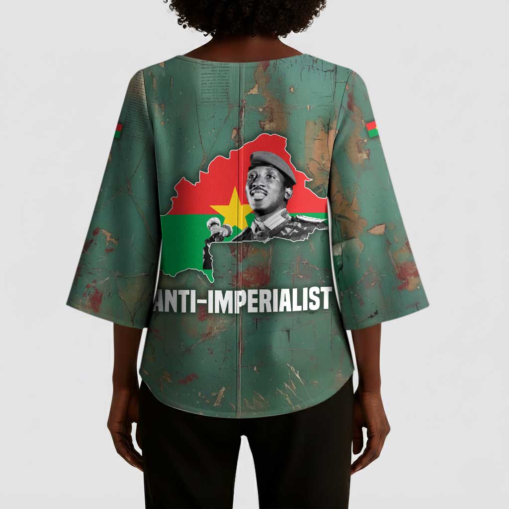 Burkina Faso Thomas Sankara Kimono Sleeve Blouse with Military Stance and Anti-Imperialist Quote Tribute Design - Wonder Print Shop