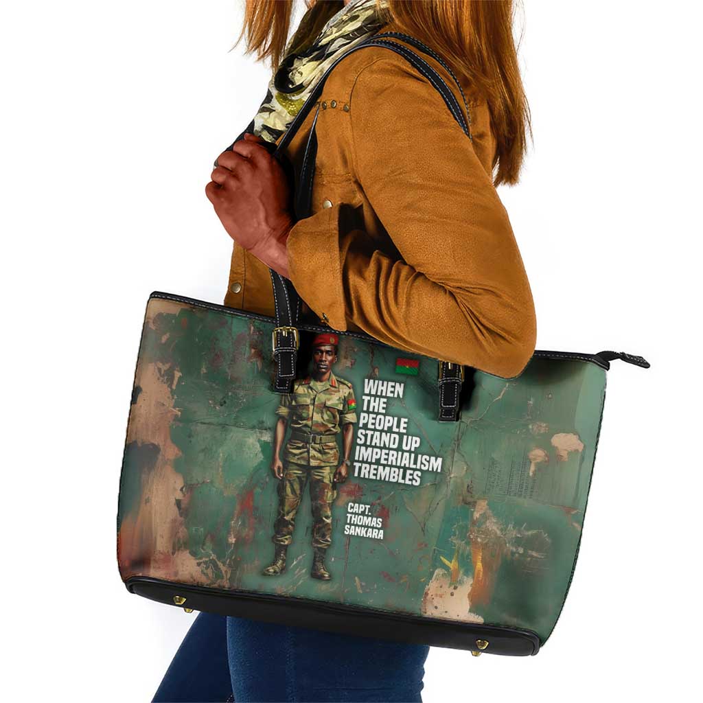 Burkina Faso Thomas Sankara Leather Tote Bag with Military Stance and Anti-Imperialist Quote Tribute Design - Wonder Print Shop