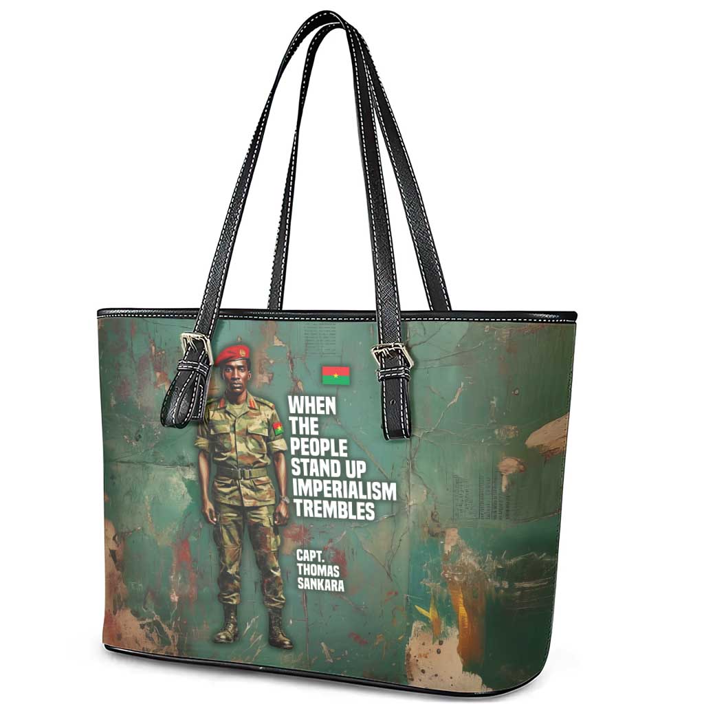 Burkina Faso Thomas Sankara Leather Tote Bag with Military Stance and Anti-Imperialist Quote Tribute Design - Wonder Print Shop