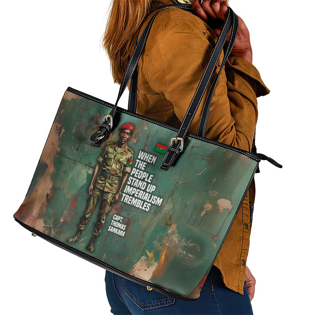 Burkina Faso Thomas Sankara Leather Tote Bag with Military Stance and Anti-Imperialist Quote Tribute Design - Wonder Print Shop