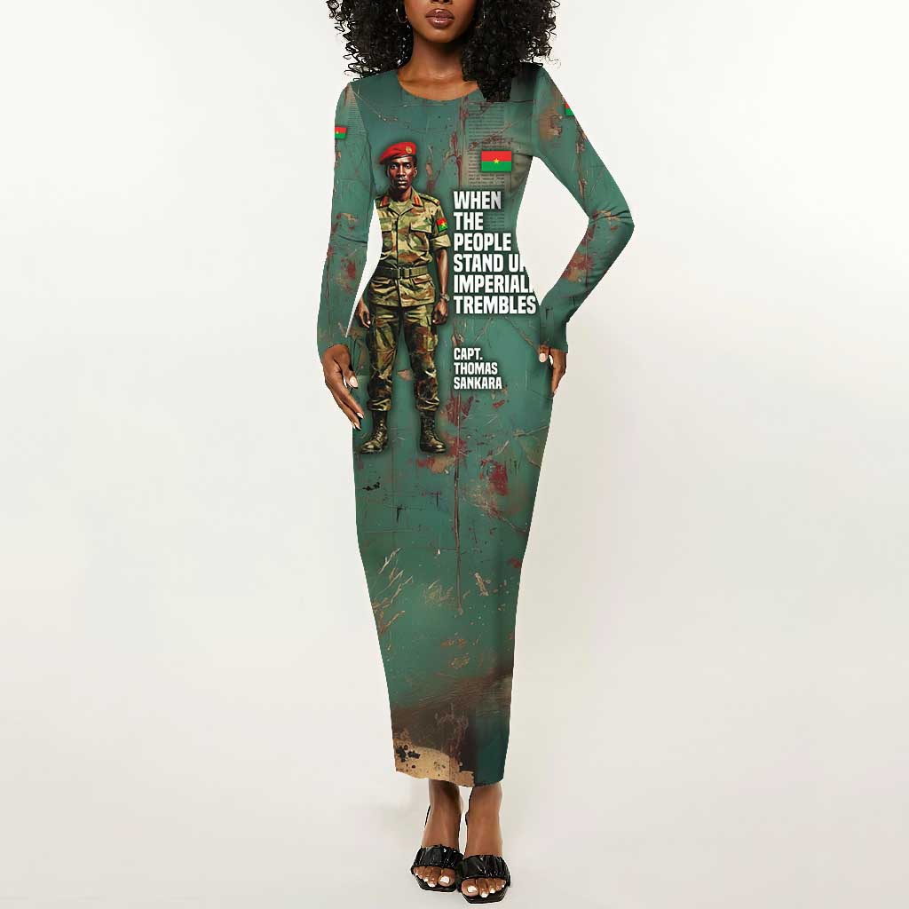 Burkina Faso Thomas Sankara Long Sleeve Bodycon Dress with Military Stance and Anti-Imperialist Quote Tribute Design - Wonder Print Shop