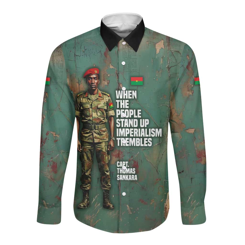 Burkina Faso Thomas Sankara Long Sleeve Button Shirt with Military Stance and Anti-Imperialist Quote Tribute Design - Wonder Print Shop
