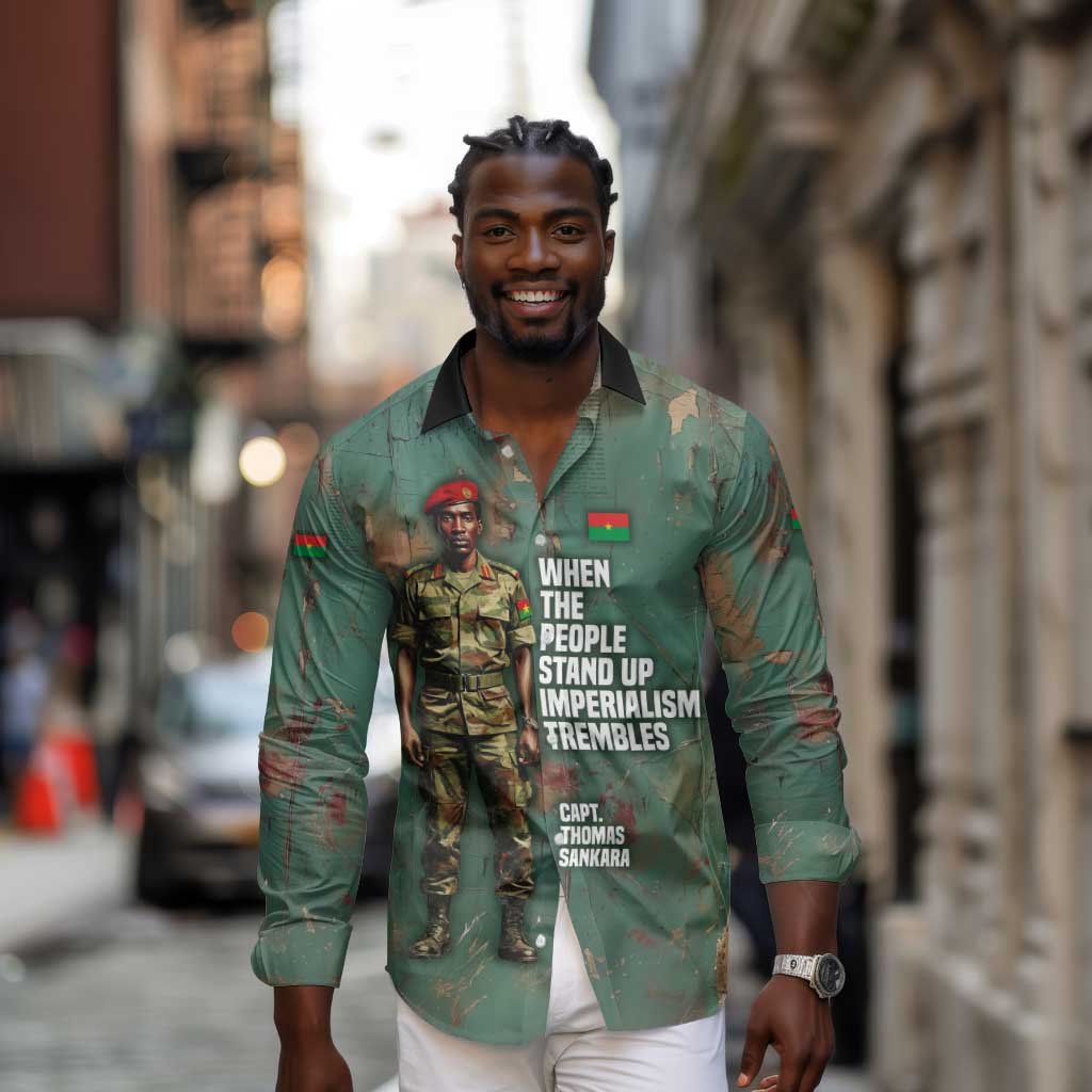 Burkina Faso Thomas Sankara Long Sleeve Button Shirt with Military Stance and Anti-Imperialist Quote Tribute Design - Wonder Print Shop