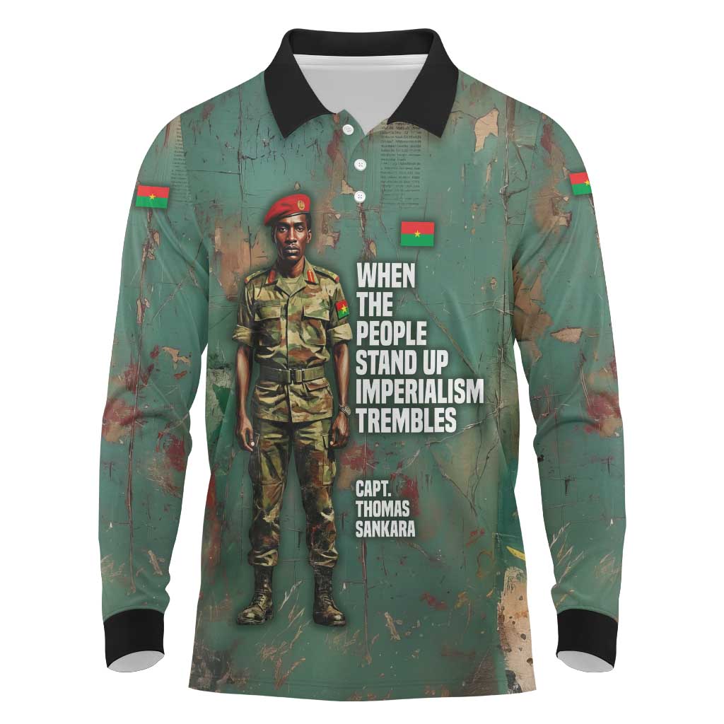 Burkina Faso Thomas Sankara Long Sleeve Polo Shirt with Military Stance and Anti-Imperialist Quote Tribute Design - Wonder Print Shop