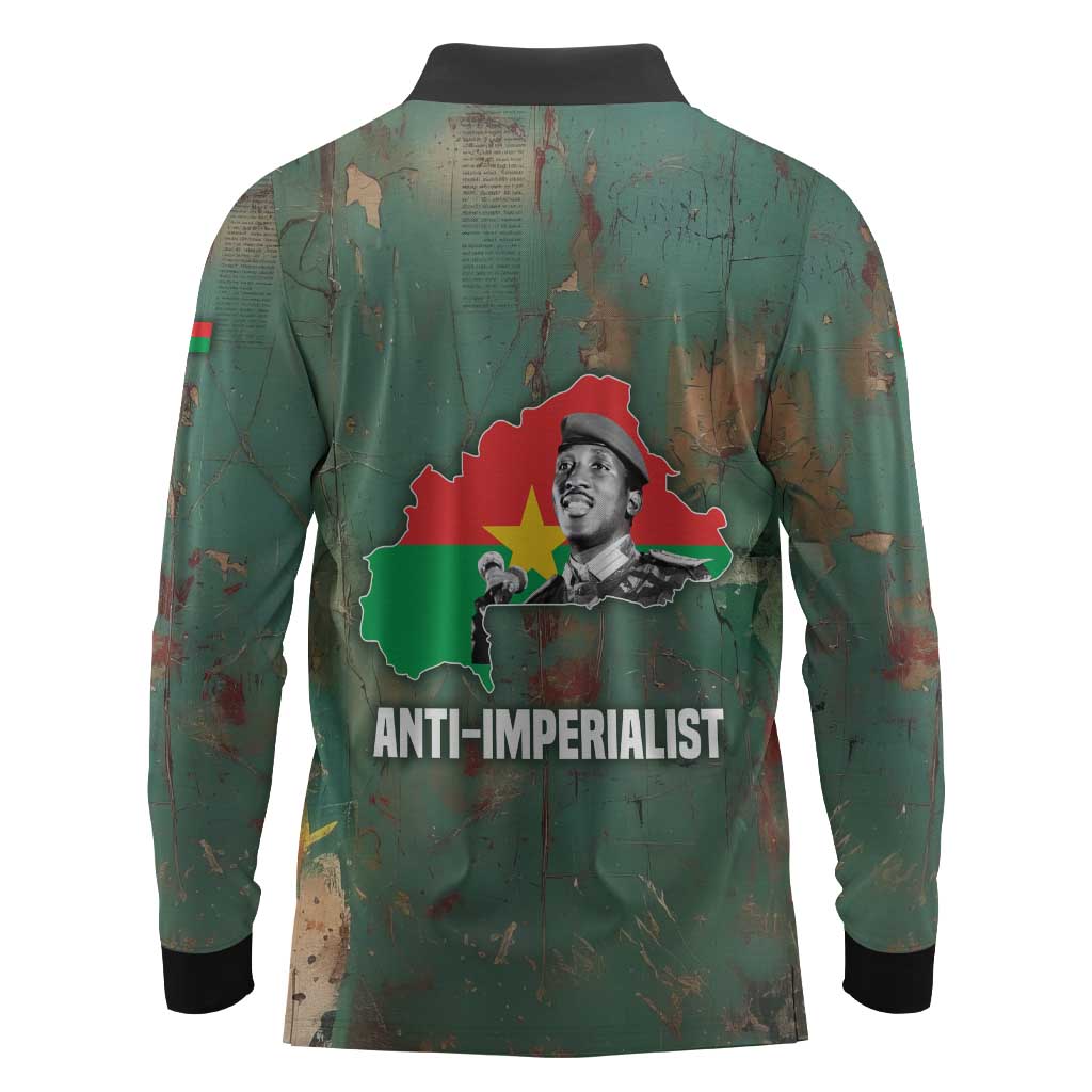 Burkina Faso Thomas Sankara Long Sleeve Polo Shirt with Military Stance and Anti-Imperialist Quote Tribute Design - Wonder Print Shop