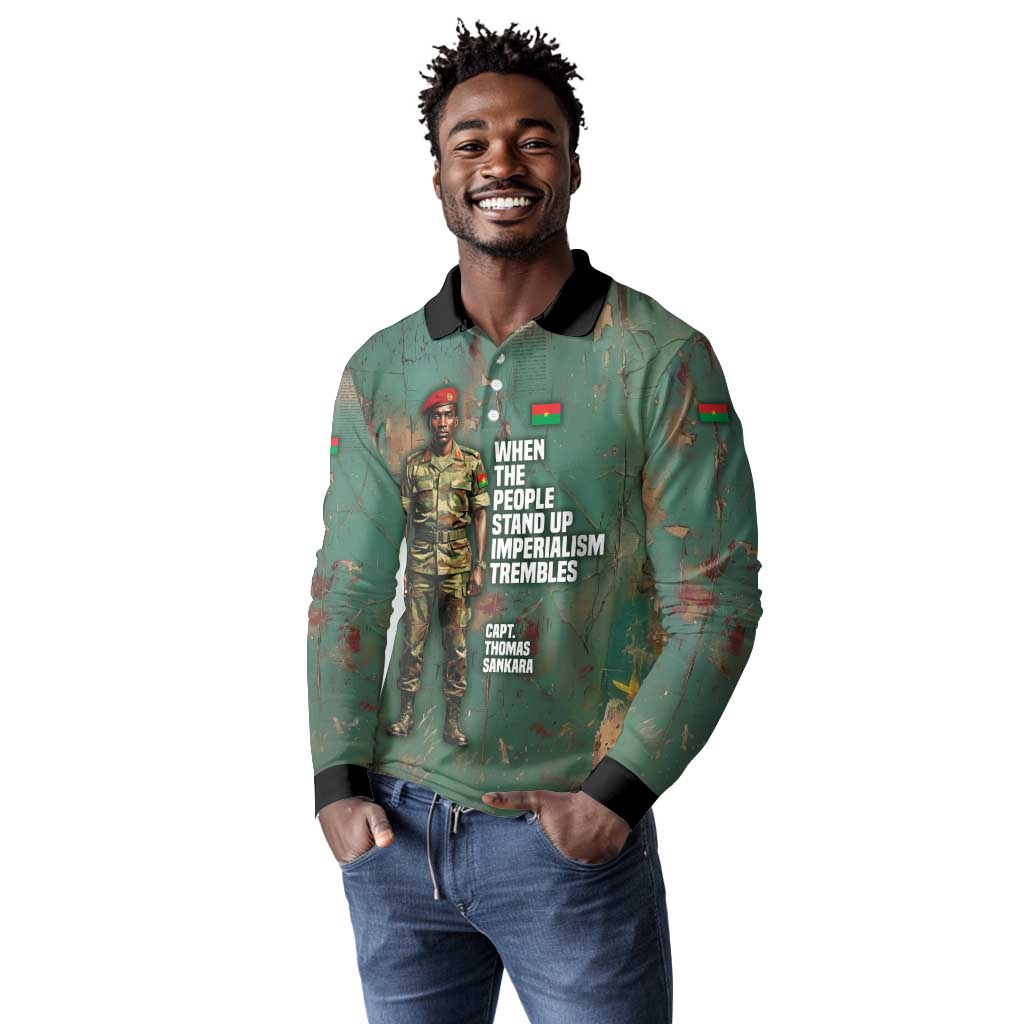Burkina Faso Thomas Sankara Long Sleeve Polo Shirt with Military Stance and Anti-Imperialist Quote Tribute Design - Wonder Print Shop