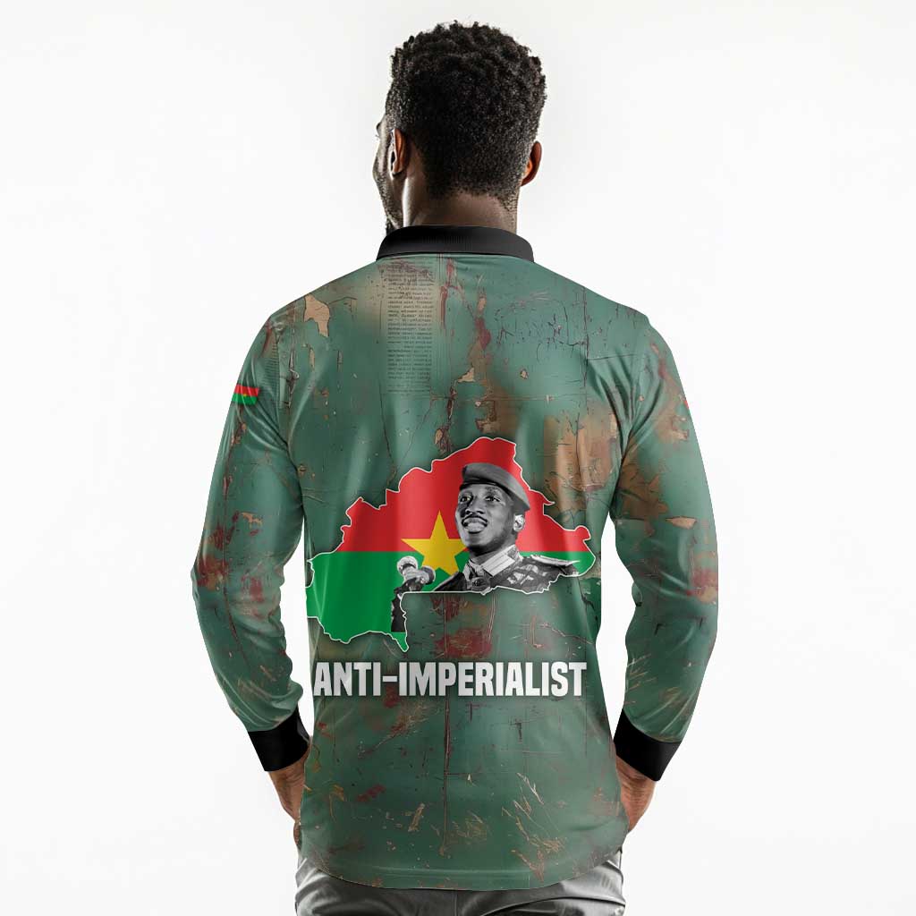 Burkina Faso Thomas Sankara Long Sleeve Polo Shirt with Military Stance and Anti-Imperialist Quote Tribute Design - Wonder Print Shop