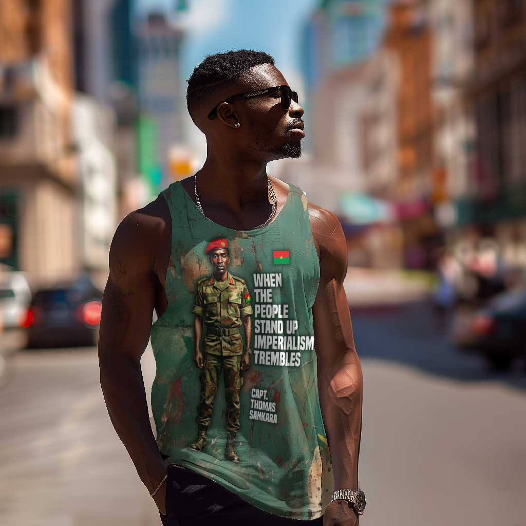 Burkina Faso Thomas Sankara Men Tank Top with Military Stance and Anti-Imperialist Quote Tribute Design - Wonder Print Shop