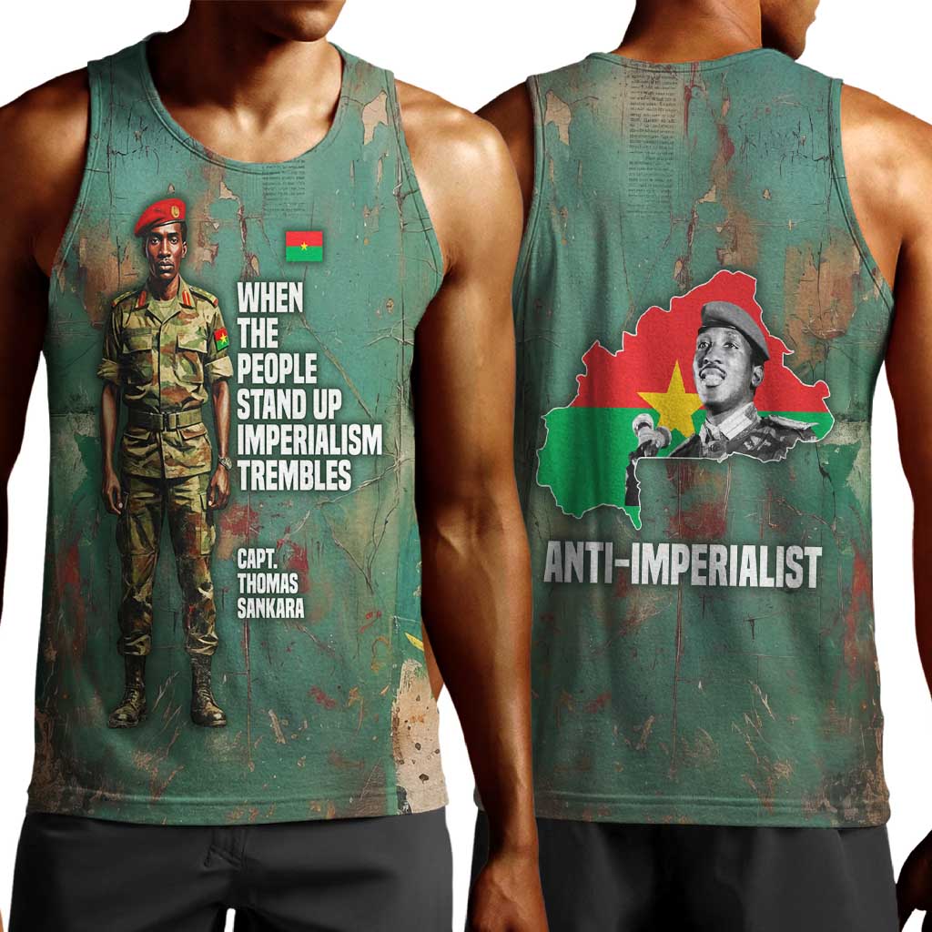 Burkina Faso Thomas Sankara Men Tank Top with Military Stance and Anti-Imperialist Quote Tribute Design - Wonder Print Shop