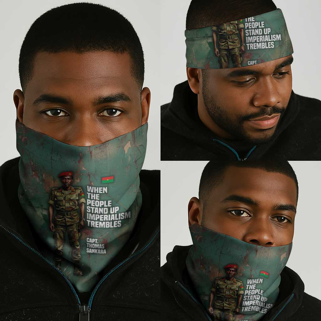 Burkina Faso Thomas Sankara Neck Gaiter with Military Stance and Anti-Imperialist Quote Tribute Design - Wonder Print Shop