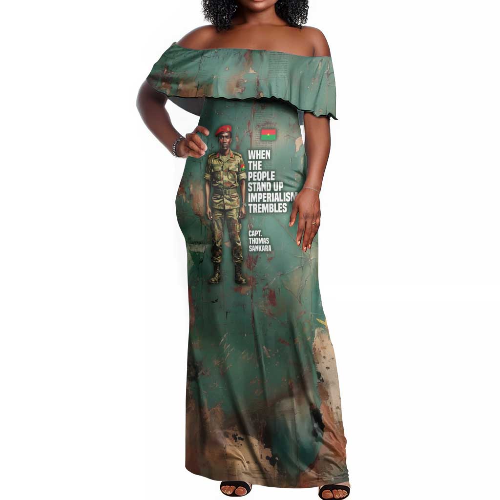 Burkina Faso Thomas Sankara Off Shoulder Maxi Dress with Military Stance and Anti-Imperialist Quote Tribute Design - Wonder Print Shop