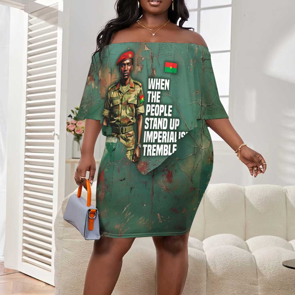 Burkina Faso Thomas Sankara Off Shoulder Short Dress with Military Stance and Anti-Imperialist Quote Tribute Design - Wonder Print Shop