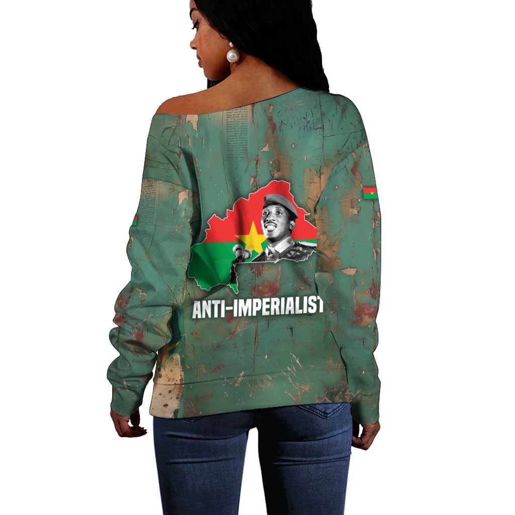Burkina Faso Thomas Sankara Off Shoulder Sweater with Military Stance and Anti-Imperialist Quote Tribute Design - Wonder Print Shop