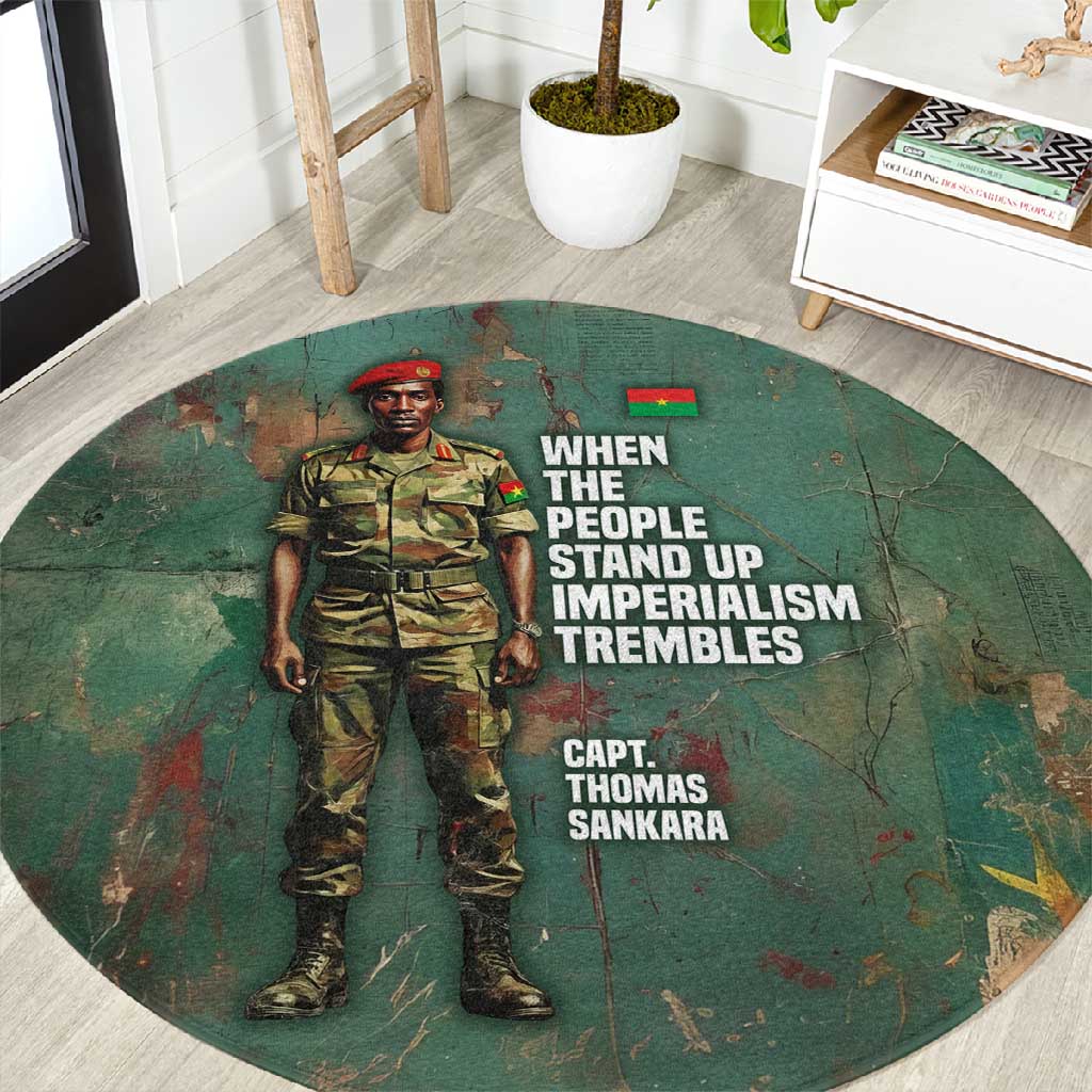 Burkina Faso Thomas Sankara Round Carpet with Military Stance and Anti-Imperialist Quote Tribute Design - Wonder Print Shop