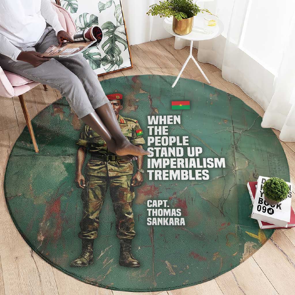Burkina Faso Thomas Sankara Round Carpet with Military Stance and Anti-Imperialist Quote Tribute Design - Wonder Print Shop