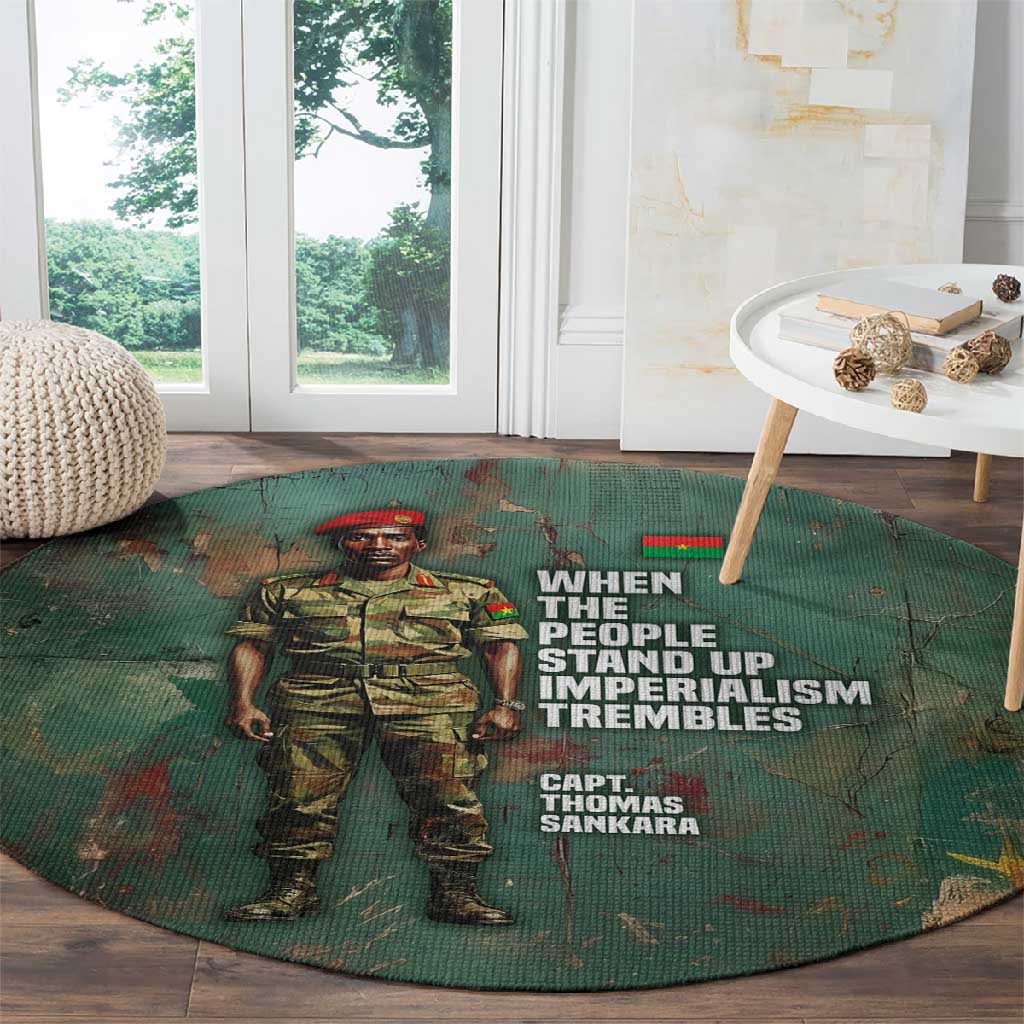 Burkina Faso Thomas Sankara Round Carpet with Military Stance and Anti-Imperialist Quote Tribute Design - Wonder Print Shop