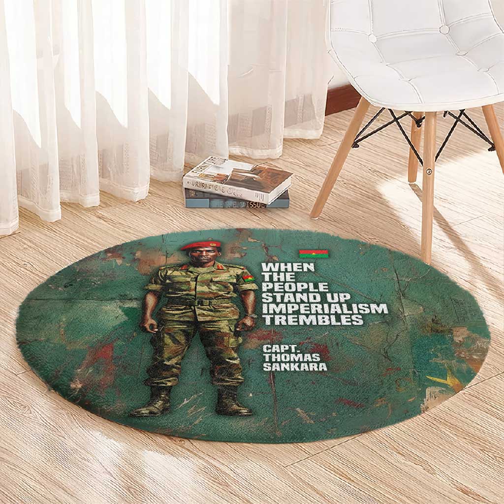 Burkina Faso Thomas Sankara Round Carpet with Military Stance and Anti-Imperialist Quote Tribute Design - Wonder Print Shop