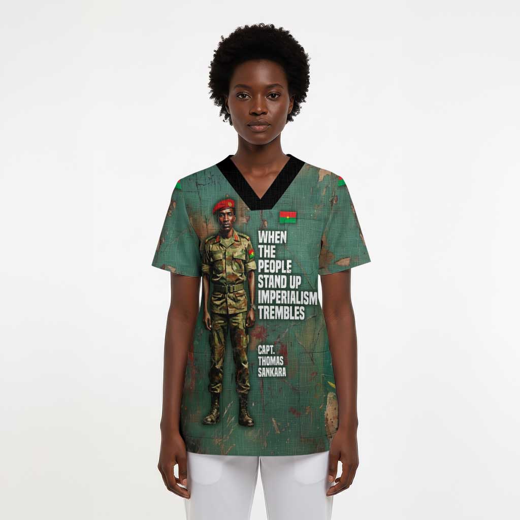 Burkina Faso Thomas Sankara Scrub Top with Military Stance and Anti-Imperialist Quote Tribute Design - Wonder Print Shop