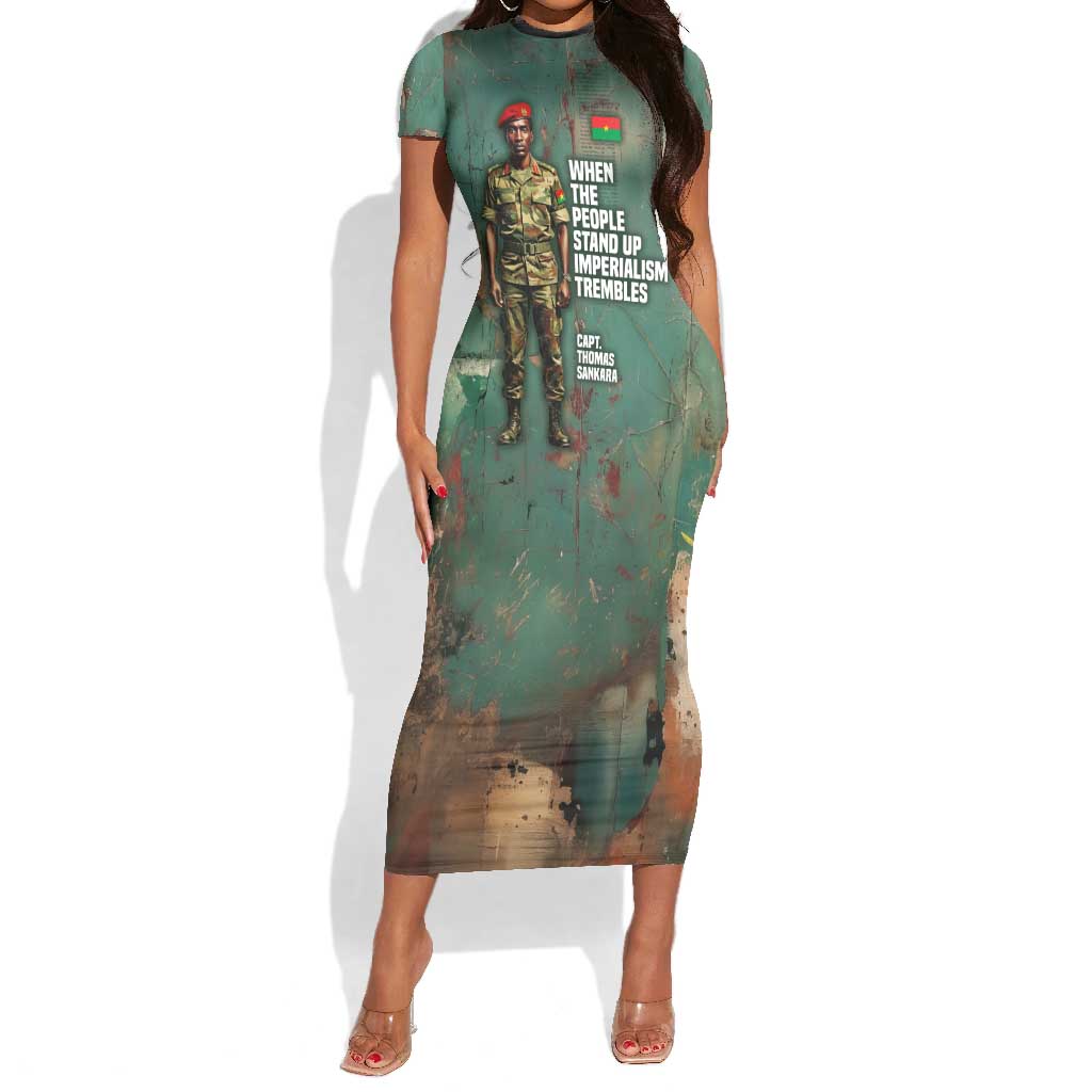 Burkina Faso Thomas Sankara Short Sleeve Bodycon Dress with Military Stance and Anti-Imperialist Quote Tribute Design - Wonder Print Shop