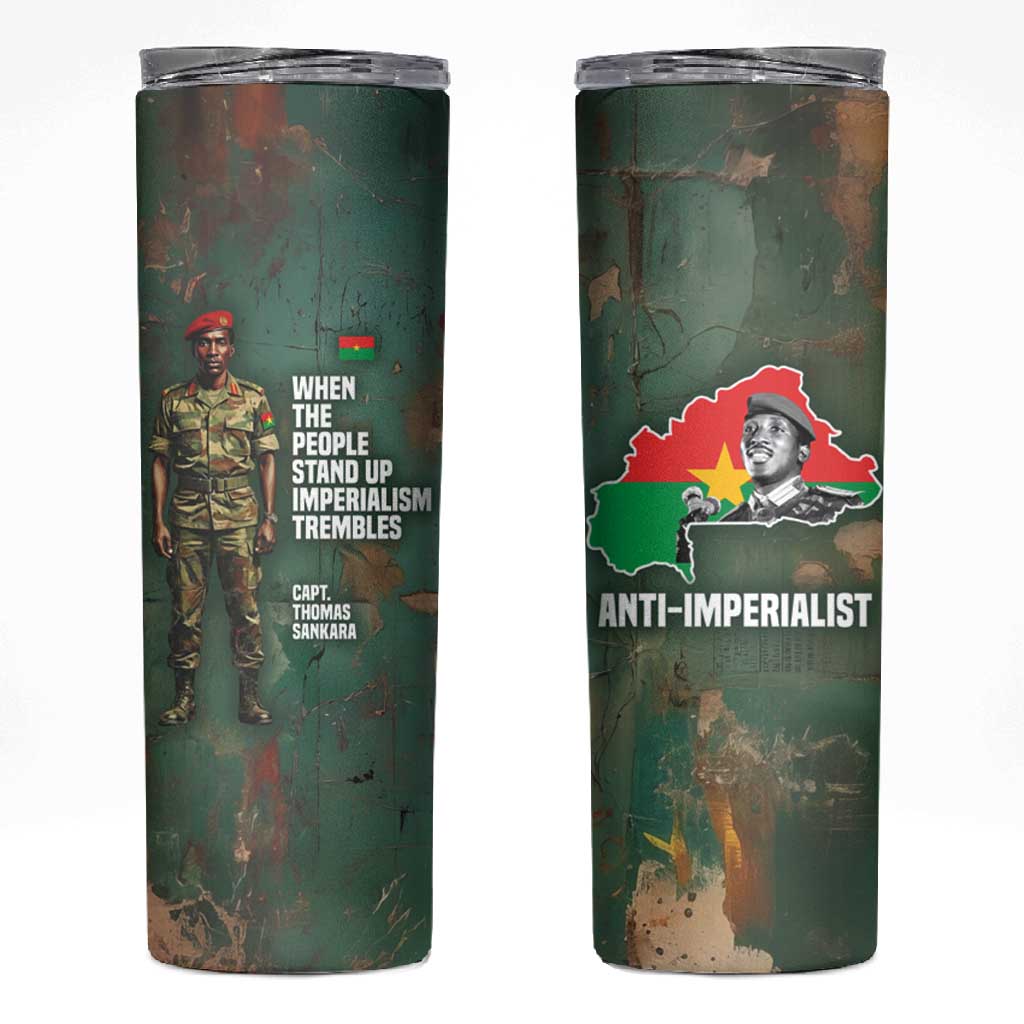 Burkina Faso Thomas Sankara Skinny Tumbler with Military Stance and Anti-Imperialist Quote Tribute Design - Wonder Print Shop