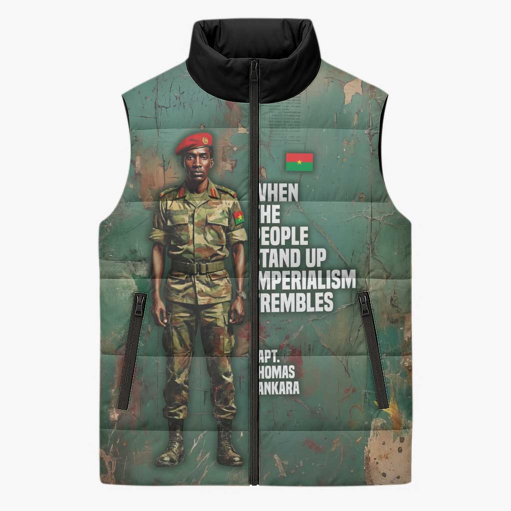 Burkina Faso Thomas Sankara Sleeveless Puffer Jacket with Military Stance and Anti-Imperialist Quote Tribute Design - Wonder Print Shop