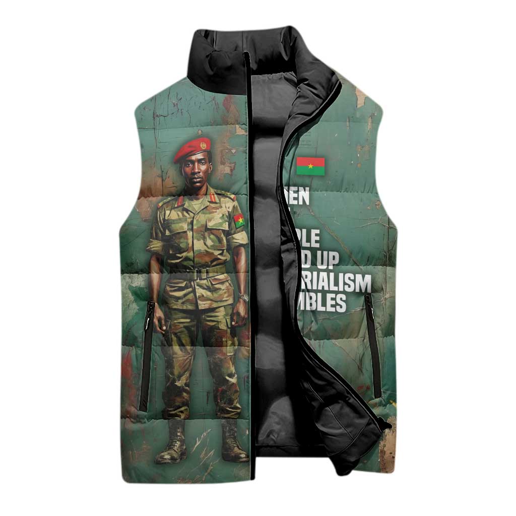 Burkina Faso Thomas Sankara Sleeveless Puffer Jacket with Military Stance and Anti-Imperialist Quote Tribute Design - Wonder Print Shop