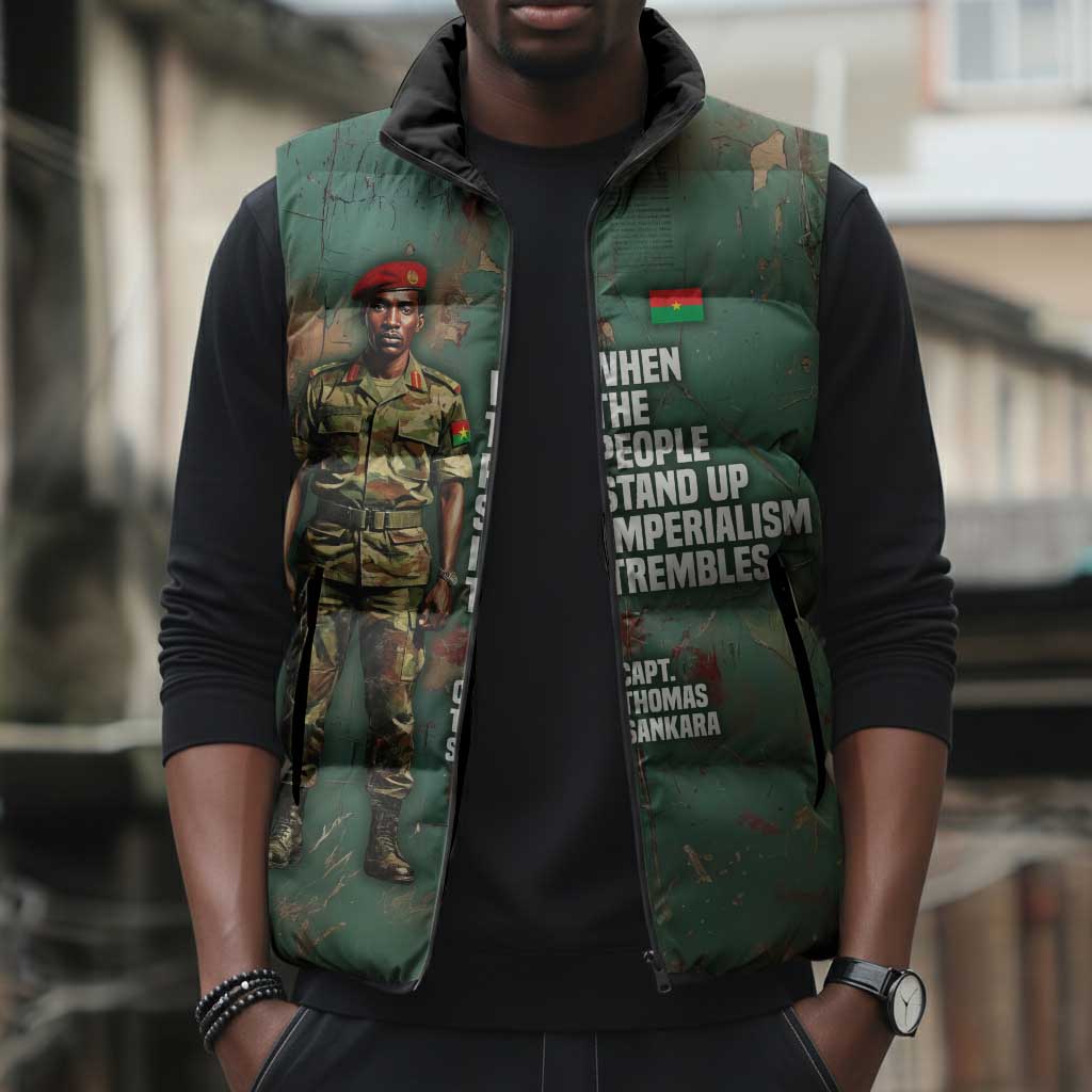 Burkina Faso Thomas Sankara Sleeveless Puffer Jacket with Military Stance and Anti-Imperialist Quote Tribute Design - Wonder Print Shop