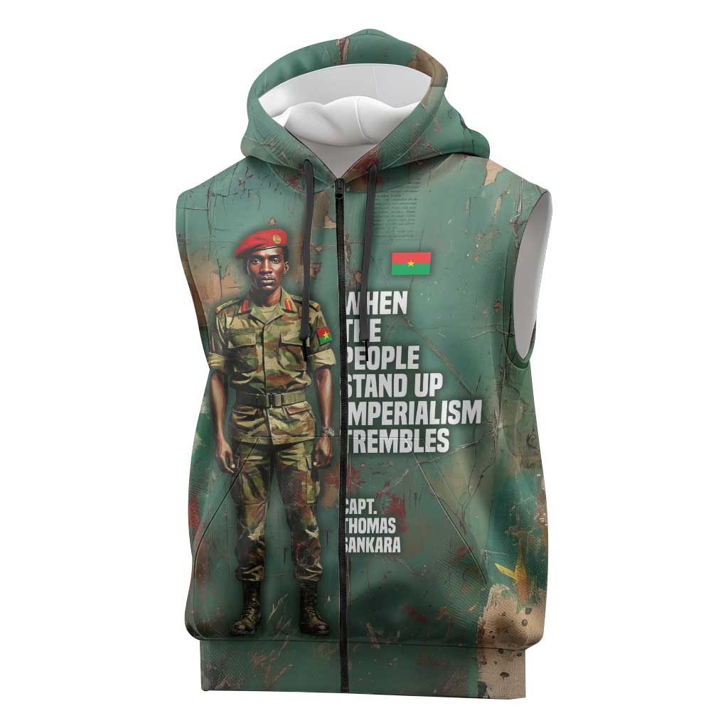 Burkina Faso Thomas Sankara Sleeveless Zip Hoodie with Military Stance and Anti-Imperialist Quote Tribute Design - Wonder Print Shop