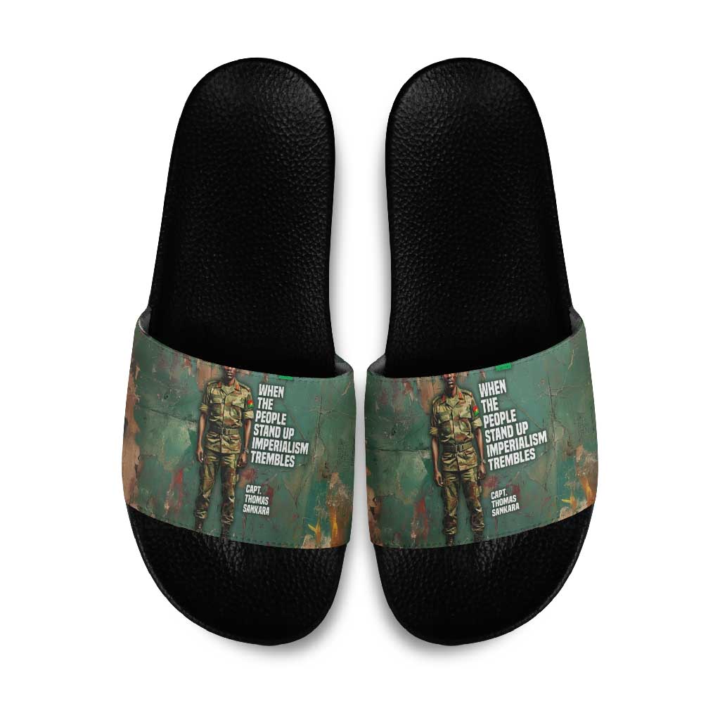 Burkina Faso Thomas Sankara Slide Sandals with Military Stance and Anti-Imperialist Quote Tribute Design - Wonder Print Shop