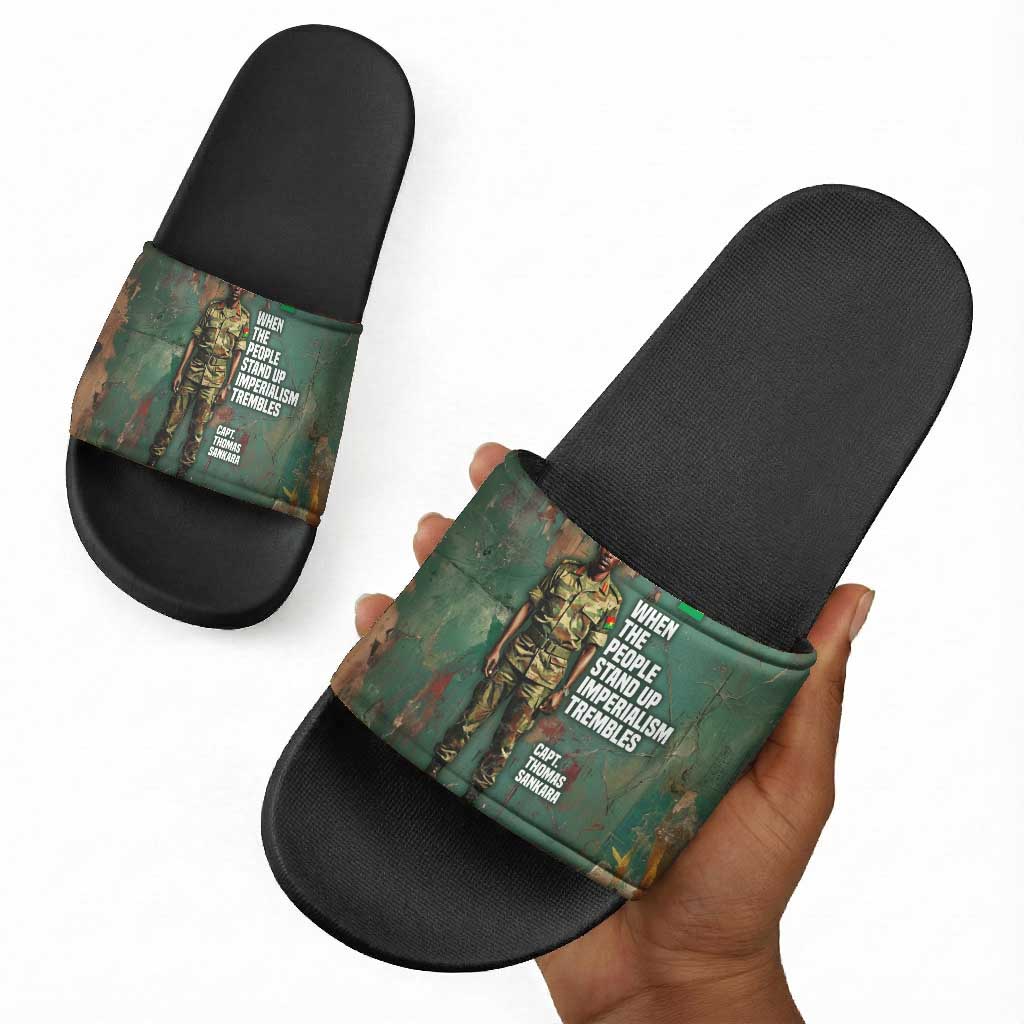 Burkina Faso Thomas Sankara Slide Sandals with Military Stance and Anti-Imperialist Quote Tribute Design - Wonder Print Shop