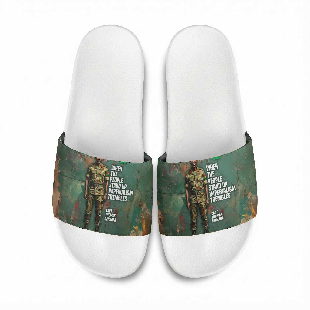 Burkina Faso Thomas Sankara Slide Sandals with Military Stance and Anti-Imperialist Quote Tribute Design - Wonder Print Shop