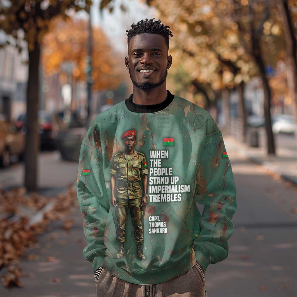 Burkina Faso Thomas Sankara Sweatshirt with Military Stance and Anti-Imperialist Quote Tribute Design - Wonder Print Shop
