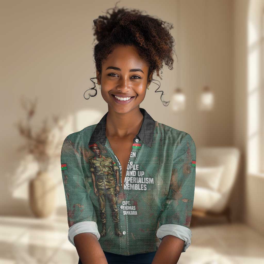 Burkina Faso Thomas Sankara Women Casual Shirt with Military Stance and Anti-Imperialist Quote Tribute Design - Wonder Print Shop