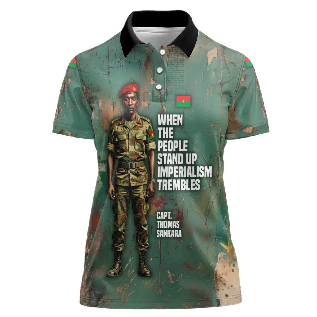 Burkina Faso Thomas Sankara Women Polo Shirt with Military Stance and Anti-Imperialist Quote Tribute Design - Wonder Print Shop